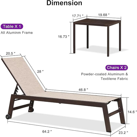 PURPLE LEAF Outdoor Chaise Lounge Chair Set of 2, Patio Pool Textilene Loungers with Adjustable Backrest and Wheels, Includes Side Table for Deck, Lawn, Garden, Beige