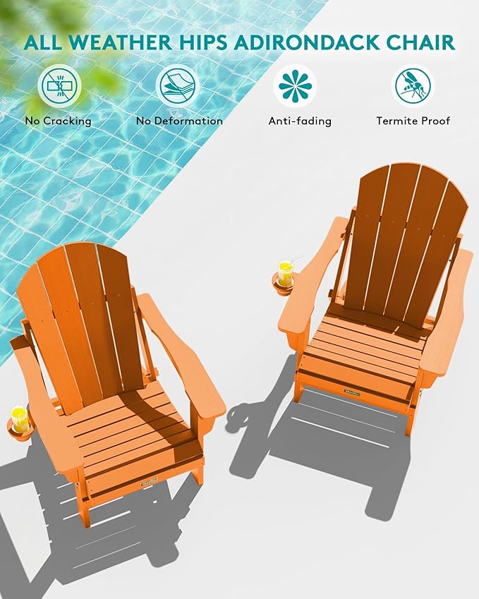 SERWALL Folding Adirondack Chair Set of 8, Weather Resistant Patio Chair with Cup Holder for Patio Garden Outdoors Fire Pit- Apricot