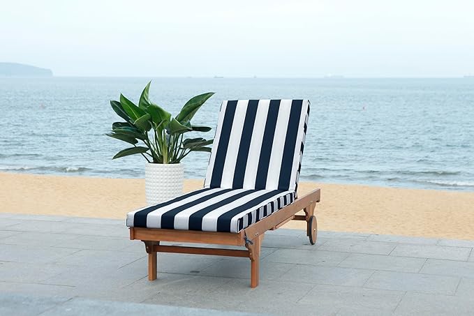 SAFAVIEH Outdoor Collection Newport Natural/ Navy & White Stripe Cushion Built-in Side Table Adjustable Chaise Lounge Chair