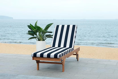 SAFAVIEH Outdoor Collection Newport Natural/ Navy & White Stripe Cushion Built-in Side Table Adjustable Chaise Lounge Chair