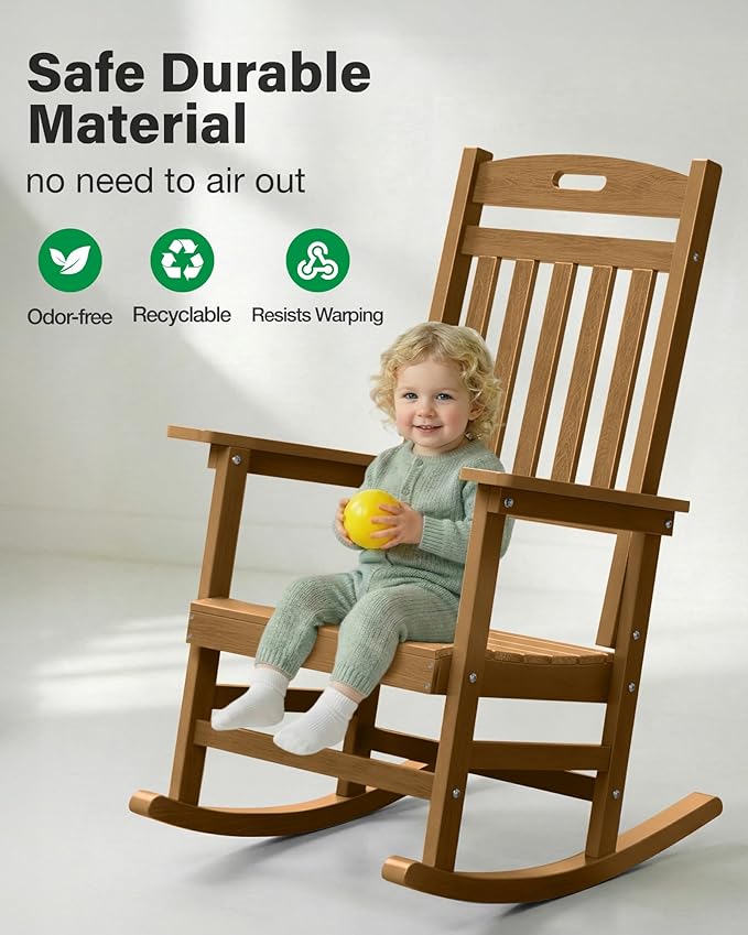 YEFU Outdoor Rocking Chair Lawn: Porch Rocking Chair, 80% Pre-Assembled Rocker, Rock smoothly for Middle, Aged and Elderly People, Imitation Teak
