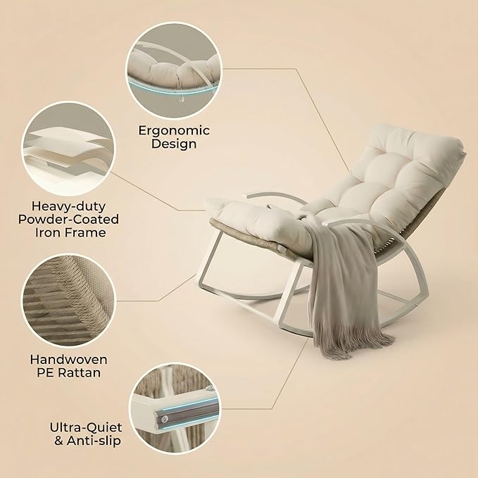 IRONCK Outdoor Rocking Chair with Armrest and Cushion, Patio Rocking Chair, 480lbs Capacity - Photo 7