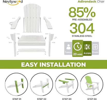 nevilywood HDPE Foldable Fire Pit Chairs Set of 2 with Cup Holders,Wood Grain Durable Design,Perfect for Patio,Backyard & Outdoor Gatherings, White