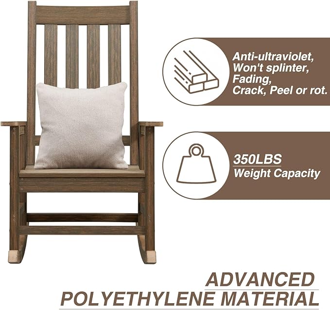 Outdoor Rocking Chair Set of 4, HDPE Oversized Patio Rocking Chairs, Weather Resistant, 350lbs Heavy Duty Porch Rocker with High Back for Backyard, Fire Pit, Garden and Indoor (Bright Brown)