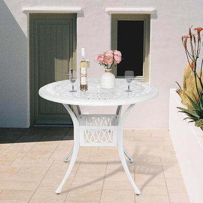 Outdoor Cast Aluminum Patio Table, 35.4” Round Bistro Table with 2” Umbrella Hole for Patio Furniture Garden Deck Backyard, White