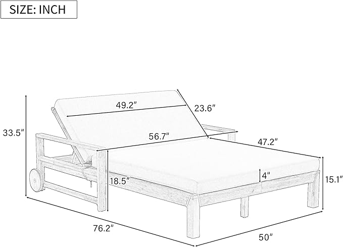 Acacia Wood Outdoor Patio Daybed Sunbed with Movable Wheels - Photo 5