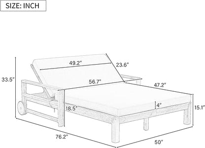 Acacia Wood Outdoor Patio Daybed Sunbed with Movable Wheels, All Weather Chaise Lounges Reclining with Adjustable Backrest for 2 People (Grey-C2)