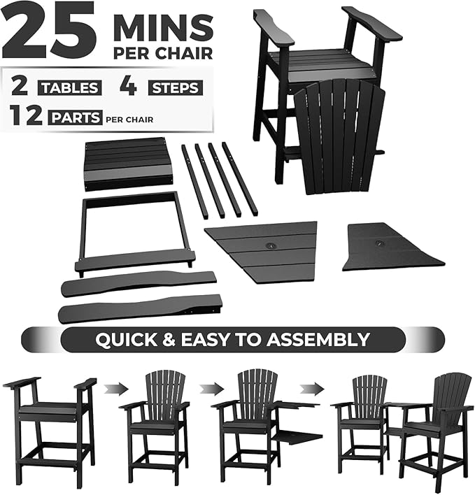 2-Pack High Back Adirondack Bar Stools with Connecting Tray, All-Weather HDPE Recycled Plastic Outdoor Bar Chairs, Umbrella Hole, Built-in Footrest, 350lbs Capacity for Deck/Patio/Backyard, Black