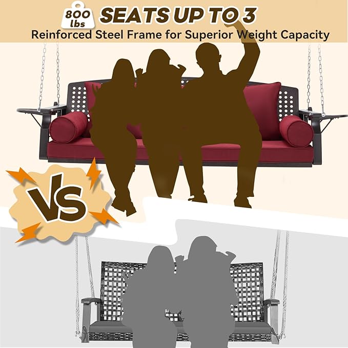 3 Seat Porch Swing, Patio Swing Bench with Cup Holders & 3 Back Cushions - Photo 3