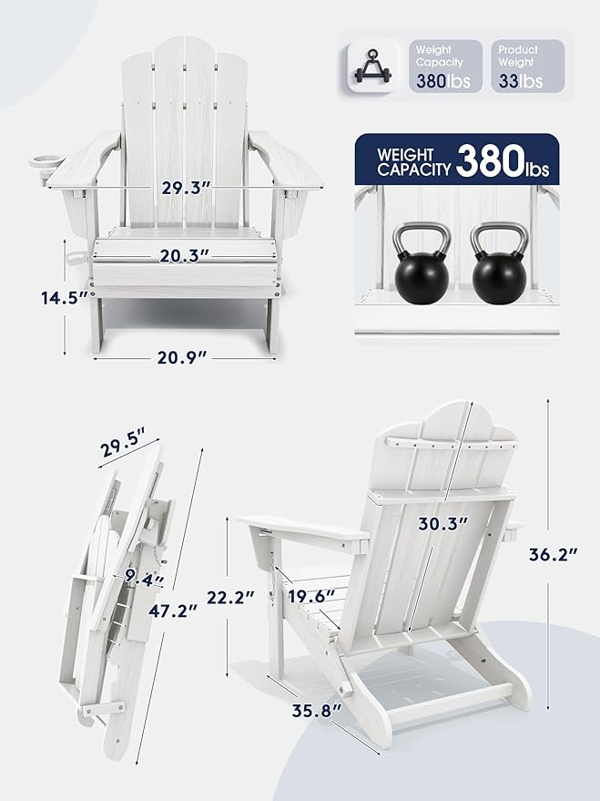 KINGYES Adjustable Folding Adirondack Chair Set of 6, 3-Position Reclining Adirondack Chairs with Cup Holder, HDPE All-Weather Oversized Adirondack for Outdoor, Patio, Backyard Deck, Fire Pit, White