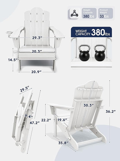 KINGYES Adjustable Folding Adirondack Chair Set of 4, 3-Position Reclining Adirondack Chairs with Cup Holder, HDPE All-Weather Oversized Adirondack for Outdoor, Patio, Backyard Deck, Fire Pit, White