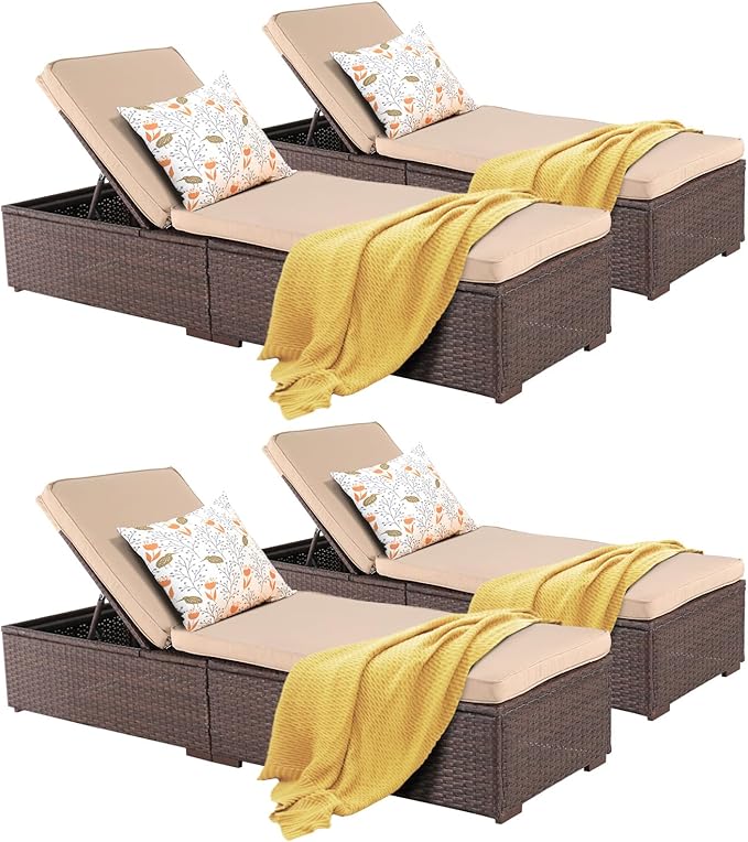 Patiorama Outdoor Patio Chaise Lounge Chair, Elegant Reclining Adjustable Pool Rattan Chaise Lounge Chair with Cushion, Brown PE Wicker, Steel Frame, Beige, Set of 4