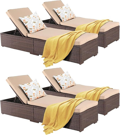 Patiorama Outdoor Patio Chaise Lounge Chair, Elegant Reclining Adjustable Pool Rattan Chaise Lounge Chair with Cushion, Brown PE Wicker, Steel Frame, Beige, Set of 4