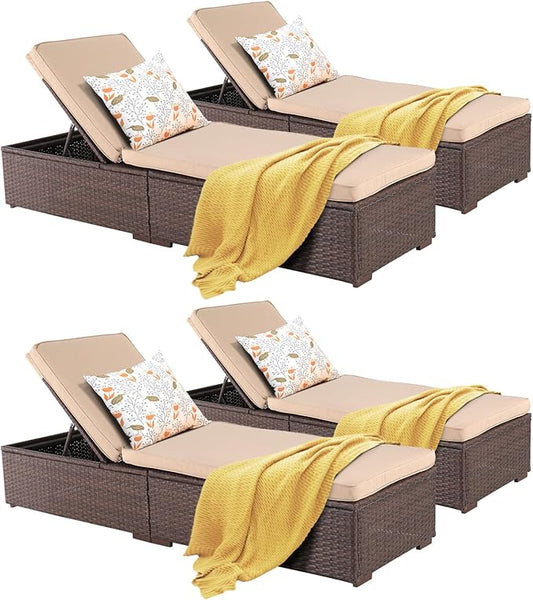 Patiorama Outdoor Patio Chaise Lounge Chair, Elegant Reclining Adjustable Pool Rattan Chaise Lounge Chair with Cushion, Brown PE Wicker, Steel Frame, Beige, Set of 4