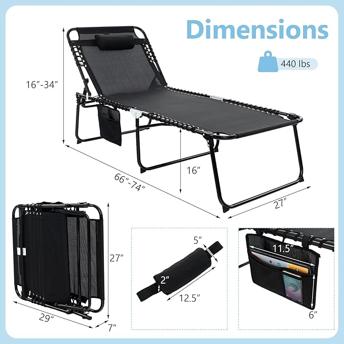 Giantex Lounge Chair Outdoor, Folding Tanning Chair with 4 Adjustable Positions, Removable Headrest, Footrest, Side Pocket, Load 440 Lbs, Portable Recliner for Lawn, Yard, Beach, Sunbathing (1, Black)