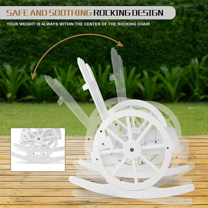 Outvita Adirondack Rocking Chair Set of 2, Wood Wagon Rocker, Outdoor Wooden Carbonized Lounge Chairs with Wheel Armrest for Garden Patio Country Yard(White