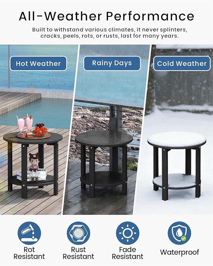 HDPE Outdoor Side Table for Patio, 18.1-Inch Weatherproof Small Outdoor Table for Adirondack, 2-Tier Round End Table for Garden Backyard Porch Deck Balcony Poolside, Black