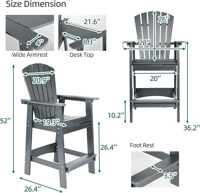 Aoodor Tall Adirondack Chairs Set of 2,HDPE Patio Bar Stool with Connecting Tray,All-Weather Balcony Chair for Outdoor Backyard, Garden, Yard - Gray