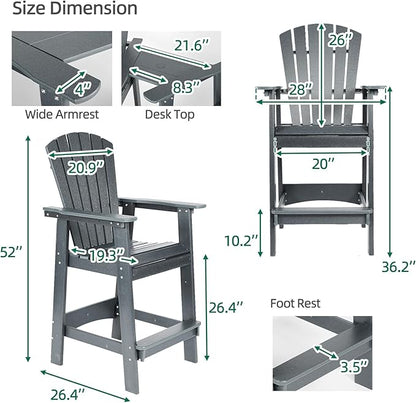 Aoodor Tall Adirondack Chairs Set of 2,HDPE Patio Bar Stool with Connecting Tray,All-Weather Balcony Chair for Outdoor Backyard, Garden, Yard - Gray
