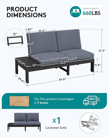 SERWALL HDPE Outdoor Furniture Set, 2 Seats Outdoor Sectional with Coffee Table, All Weather Patio Sofas, Outdoor Conversation Sets with Adjustable Backrest Sofa for Backyard, Garden, Black with Grey