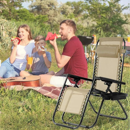 Dkeli Zero Gravity Chair Patio Chair Lounge Chair Chaise 2 Pack Outdoor Folding Adjustable Recliner Chair with Cup Holder Tray and Pillows for Patio, Pool, Beach, Lawn, Deck, Yard - Tan