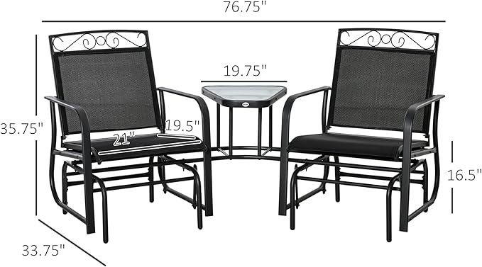 Outsunny Outdoor Glider Chairs with Coffee Table, Patio 2-Seat Rocking Chair Swing with Breathable Sling for Backyard, Garden and Porch, Black