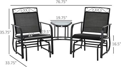 Outsunny Outdoor Glider Chairs with Coffee Table, Patio 2-Seat Rocking Chair Swing with Breathable Sling for Backyard, Garden and Porch, Black
