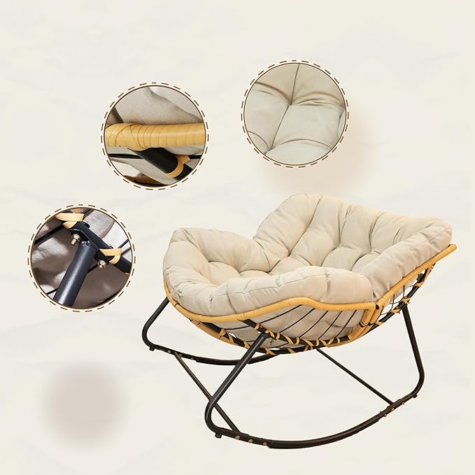 FLEXISPOT Papasan Rocking Chair with Thick Cushion, Indoor Outdoor Lounge Accent Chair with Sturdy Metal Frame Base, Cozy Reading Rocker for Living Room, Bedroom, Balcony-Beige
