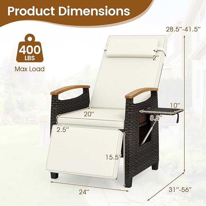 LDAILY Moccha Wicker Outdoor Recliner Chair - Rattan Lounge Chair with Adjustable Backrest & Footrest, Flip Side Table, Cushion, Push Back Reclining Seat for Pool Yard Patio Porch Balcony (Off White)