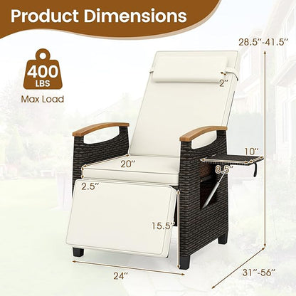 LDAILY Moccha Wicker Outdoor Recliner Chair - Rattan Lounge Chair with Adjustable Backrest & Footrest, Flip Side Table, Cushion, Push Back Reclining Seat for Pool Yard Patio Porch Balcony (Off White)