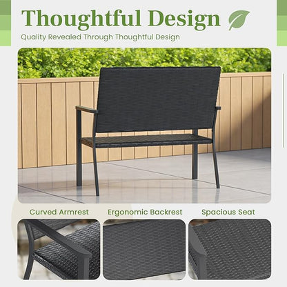 AECOJOY Outdoor Garden Bench, Weatherproof Wicker Outside Benches Clearance, Black Patio Loveseat with Backrest Armrests for Lawn Yard Porch Work Entryway (Black Rattan Back)