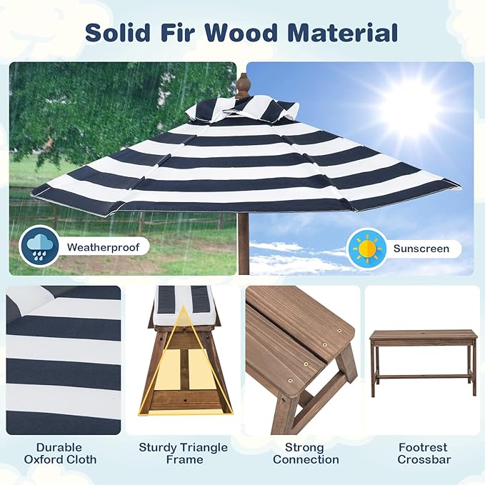 HONEY JOY Kids Picnic Table, Outdoor Wooden Table & Bench Set w/Removable Cushions and Umbrella, Stripe Fabric - Photo 4