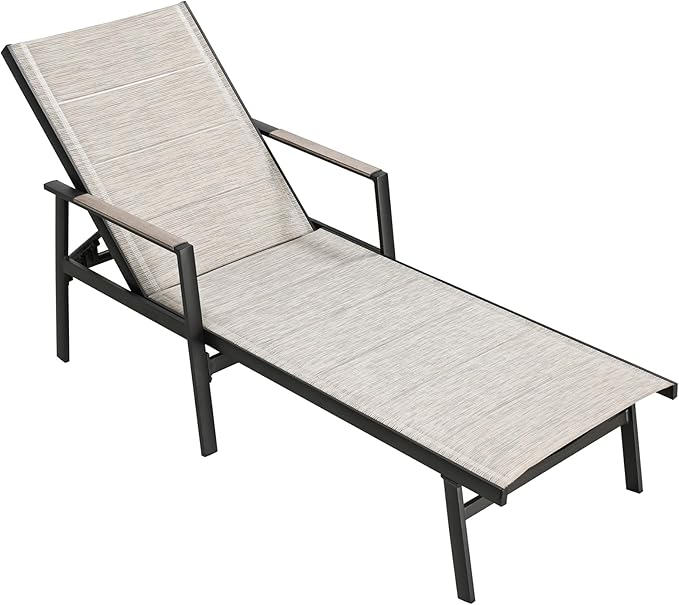 Outdoor Chaise Lounge, Never-Rust Aluminum Patio Lounge Chair, Double-Layer Textilene Pool Lounge Chair with 6-Position Adjustable Backrest, Sunbathing Lounger for Beach, Poolside, Deck, Yard