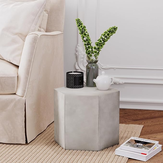 HOMPUS Concrete Side Table, Hexagon Outdoor Side Table, Modular Design Accent Table, Indoor Patio End Table, Light Grey Home Décor for Living Room, Bedroom or Backyard (14.5" L x 12.5" W x12 H)