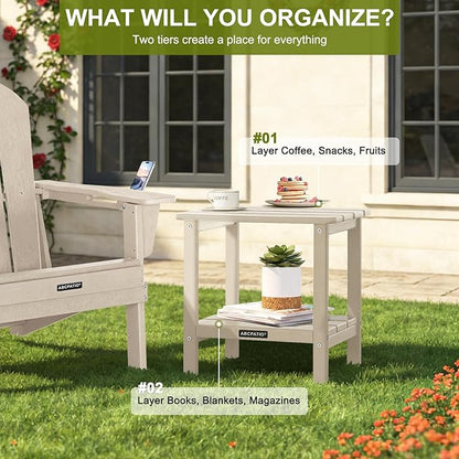 Outdoor Side Table HDPE Small Outdoor End Table Patio Side Tables Square for Backyard Pool Porch Balcony Double Layer Storage, Sand (Wood Grain Finish)