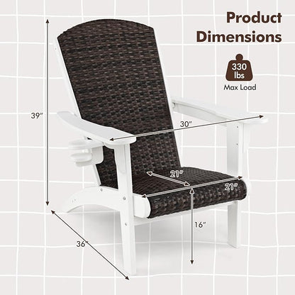 Tangkula Patio Wicker Adirondack Chair, HDPE Lounge Chair w/Rattan Padded Seat & Back, Wide Armrests & Hidden Cupholder, Outdoor All-Weather Adirondack Fire Pit Chair for Backyard, Lawn (1, White)
