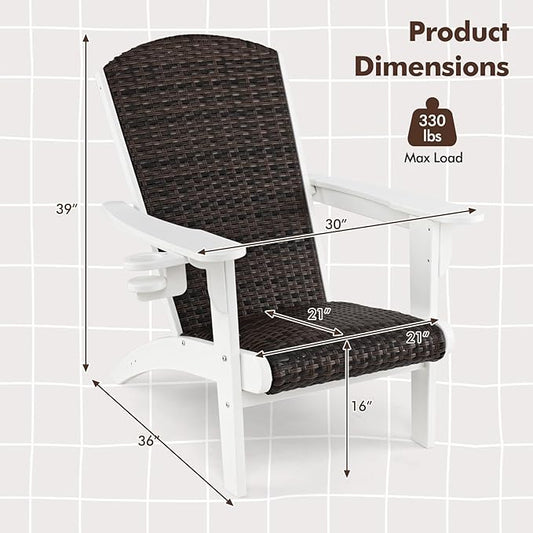 Tangkula Patio Wicker Adirondack Chair, HDPE Lounge Chair w/Rattan Padded Seat & Back, Wide Armrests & Hidden Cupholder, Outdoor All-Weather Adirondack Fire Pit Chair for Backyard, Lawn (1, White)