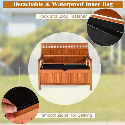 Outdoor Storage Bench, Wooden Bench with Storage, Removable Lining & Portable Handles, Patio Storage Bench Deck Bench for Outdoor, Garden, Balcony & Porch