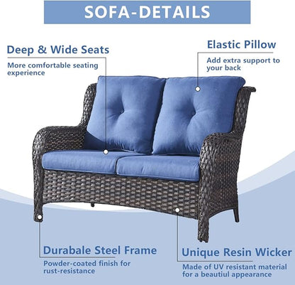 HUMMUH 4 Piece Patio Conversation Furniture Set PE Wicker Rattan Outdoor Loveseat Sofa,Patio Chairs,Coffee Table for Garden,Poolside,Backyard,Deck