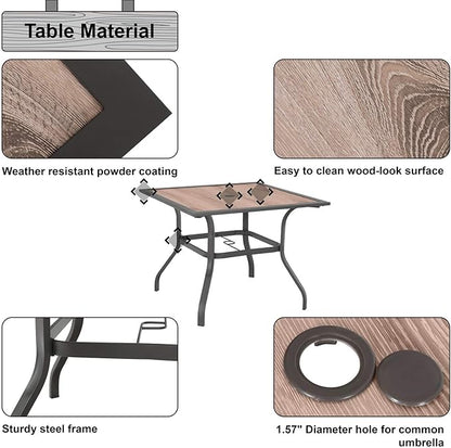 Sophia & William Square Patio Dining Table with 1.57" Umbrella Hole, Outdoor Table with Imitation Wood Tabletop and Brown Metal Steel Frame, for Lawn Garden Backyard, L37 X W37 X H28