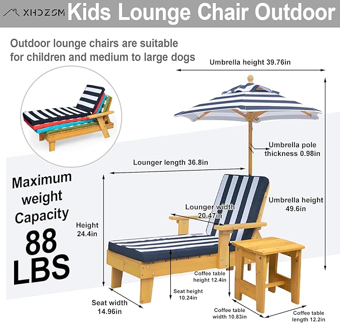 Kids Lounge Chair Outdoor, Kids Lounge Chair, Removable Striped Fabric Cushions, Outdoor Chaise Lounge with Parasol - Photo 2