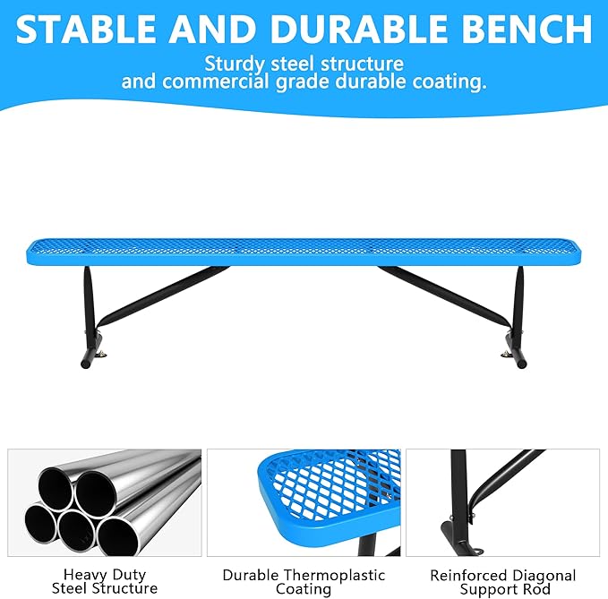 8FT Metal Park Bench for Outside, All-Weather Thermoplastic Coating Outdoor Bench with Anchor, Commercial Heavy Duty Benches for Shopping Malls, Stores, Parks, Patios, Decks, Blue