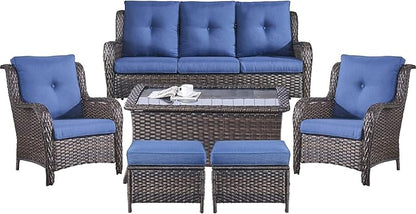 Belord Patio Wicker Sofa Set 6 Pieces Patio Furniture Set Outdoor Couch, 2 Patio Wicker Chairs with 1 Sofa, Coffee Table and Ottomans, Patio Conversation Set for Porch Garden Deck Balcony Poolside