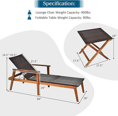 Tangkula 3 Pieces Outdoor Chaise Set, Wicker Rattan Lounge Chair w/Acacia Wood Frame, 4 Adjustable Positions Patio Wicker Lounge Set & Foldable Side Table, Suitable for Lawn, Backyard (Mix Brown)