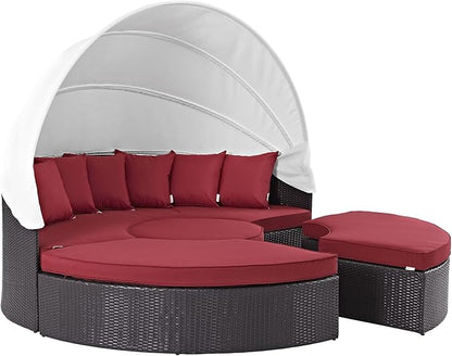 Modway Convene Wicker Rattan Outdoor Patio Retractable Canopy Round Poolside Sectional Sofa Daybed with Cushions in Espresso Red