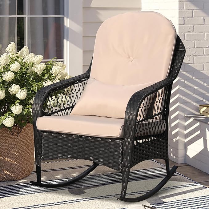 LVUYOYO Outdoor Rocking Chair, Patio Wicker Rattan Rocker Chair with Cushions, Rocking Wicker Furniture Set for Deck, Porch, Garden, Backyard (Khaki)