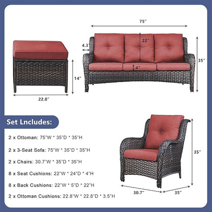 Rilyson Wicker Patio Furniture Sofa Set - 6 Piece Rattan Outdoor Patio Sectional Conversation Sets with 2 Sofa,2 Armrest Chairs and 2 Ottomans for Porch Deck Garden(Brown/Red)
