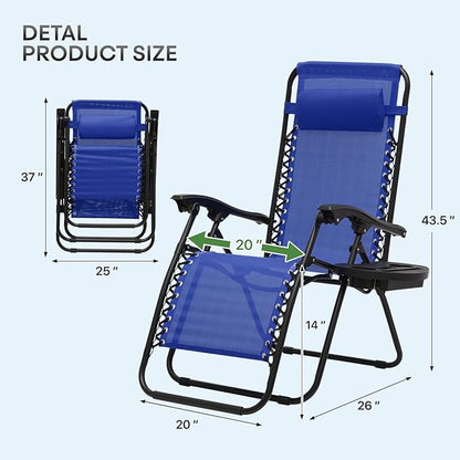 Athena Collection Zero Gravity Chair, Folding Lounge Chair, Reclining Camping Chair, Outdoor Zero Gravity Recliner with Adjustable Pillow and Cup Holder for Outside Beach Garden Patio Poolside - Blue