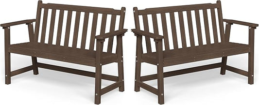 Ciokea 48" Outdoor Bench Set of 2, HDPE Weatherproof Garden Bench, 2-Person Memorial Benches with 550 Lbs, Waterproof Patio Porch Benches for Outside Business Deck Office Backyard Balcony, Brown