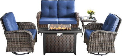 5 Pieces Patio Furniture Set with Fire Pit Table-All Weather Rattan Wicker Outdoor Glider Bench with Outdoor Swivel Chair Outdoor Furniture for Deck Porch Garden Balcony Poolside-Brown/Blue